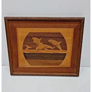 Vintage Marquetry Wood Inlay Framed Art Orca Swimming Signed 1983